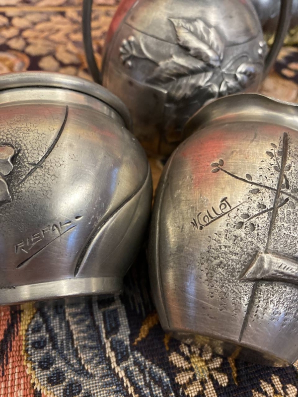 Collection of Antique French Art Nouveau Pewter Vases with Floral Relief