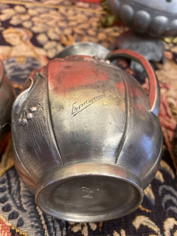Collection of Antique French Art Nouveau Pewter Vases with Floral Relief
