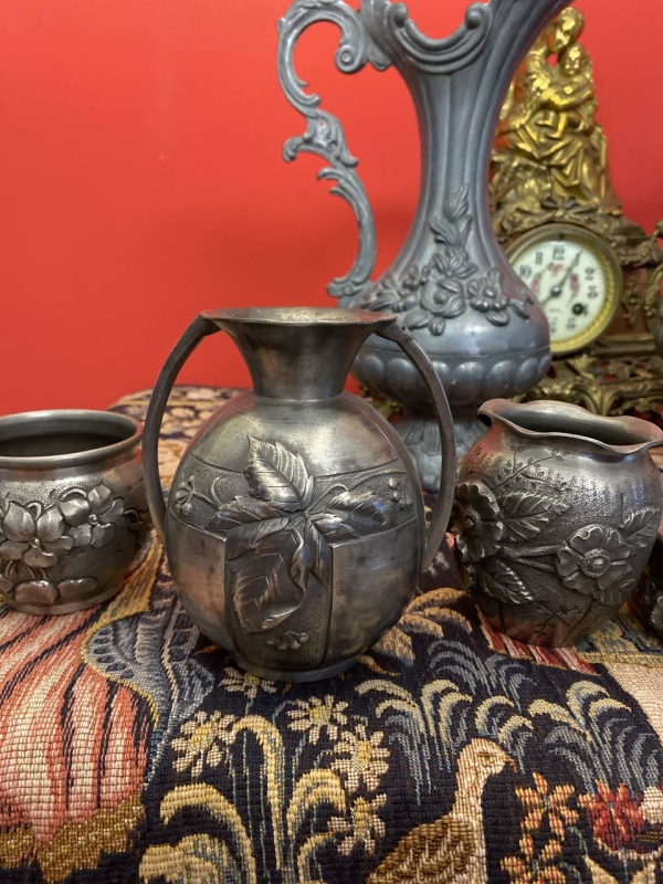 Collection of Antique French Art Nouveau Pewter Vases with Floral Relief