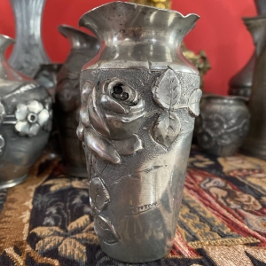 Antique Art Nouveau Pewter Vase with Rose Motif, Signed Petizon, France, 1905–1924