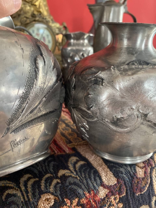 Pair of Rare Antique Art Nouveau Pewter Vases, French, 1905–1924