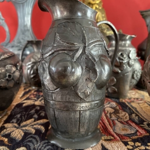 Antique Art Nouveau Pewter Vase with Cherry Motif, Signed Houteaux, France, 1905–1924