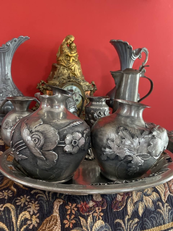 Pair of Rare Antique Art Nouveau Pewter Vases, French, 1905–1924