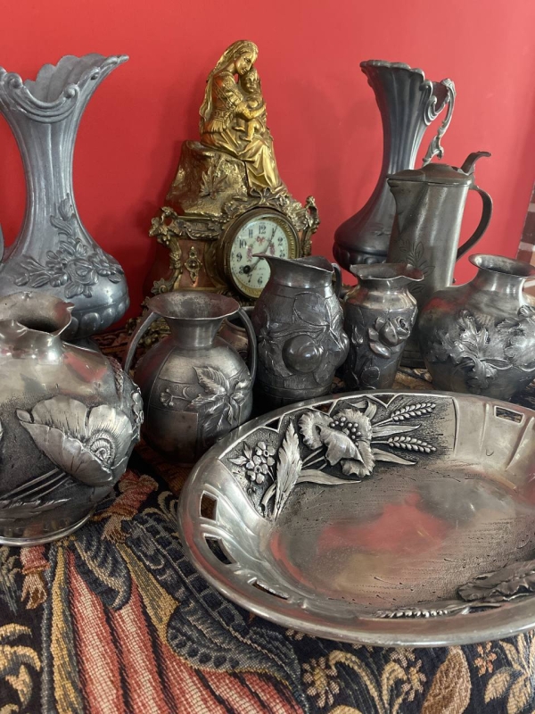 Pair of Rare Antique Art Nouveau Pewter Vases, French, 1905–1924