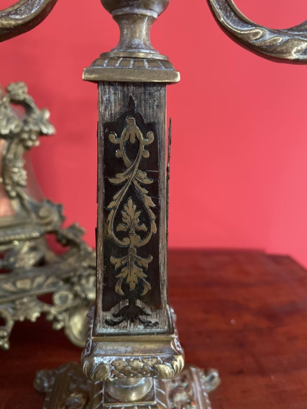 Pair of Antique Italian Bronze and Wood Candlesticks with Signed Base