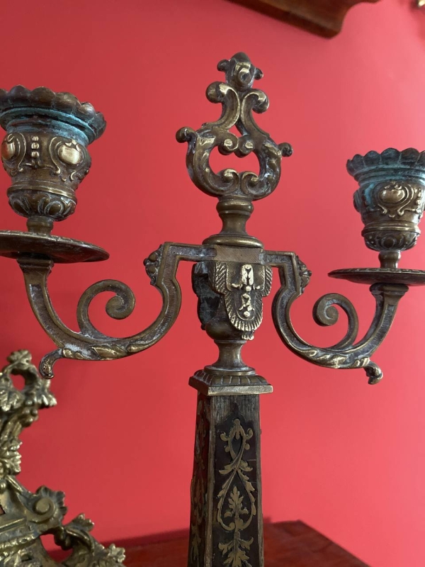 Pair of Antique Italian Bronze and Wood Candlesticks with Signed Base