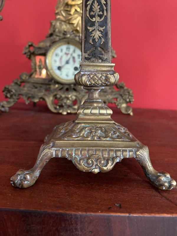 Pair of Antique Italian Bronze and Wood Candlesticks with Signed Base