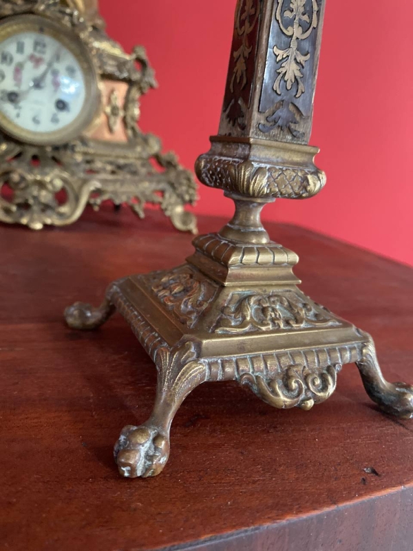 Pair of Antique Italian Bronze and Wood Candlesticks with Signed Base