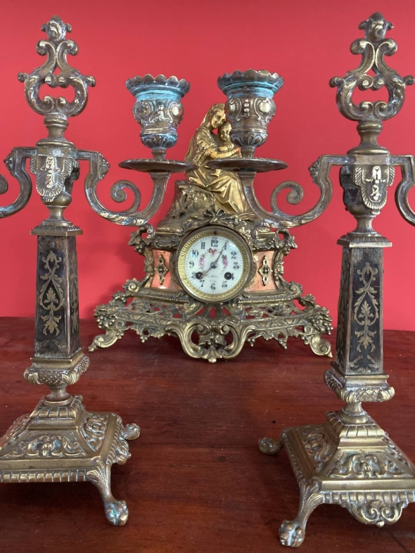 Pair of Antique Italian Bronze and Wood Candlesticks with Signed Base