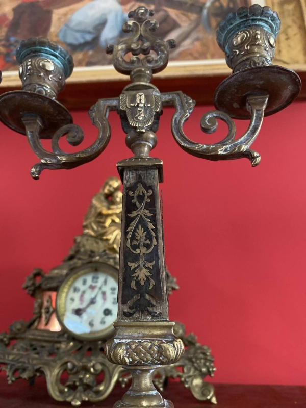 Pair of Antique Italian Bronze and Wood Candlesticks with Signed Base