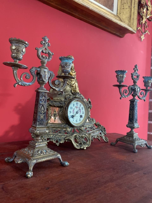 Pair of Antique Italian Bronze and Wood Candlesticks with Signed Base