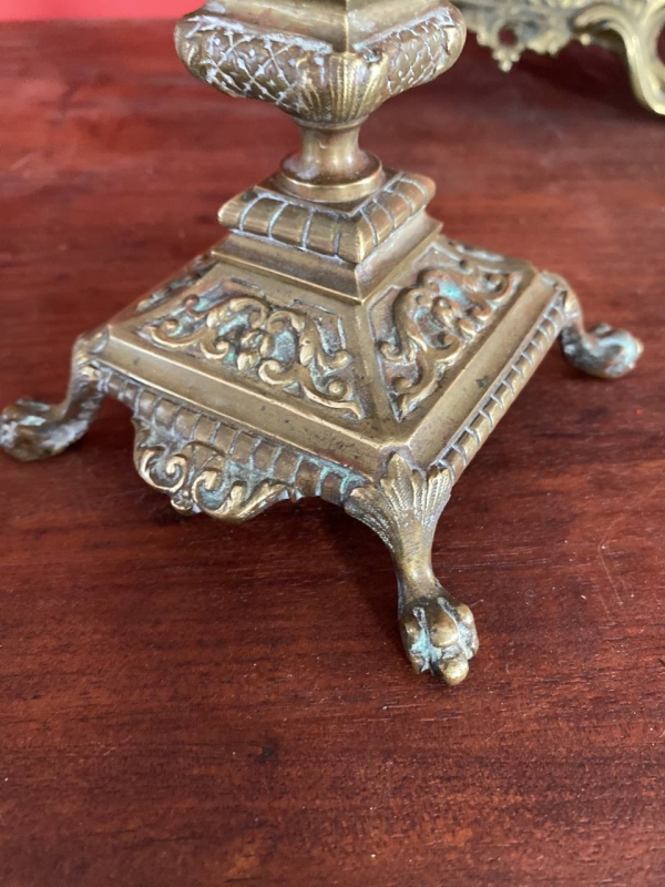 Pair of Antique Italian Bronze and Wood Candlesticks with Signed Base