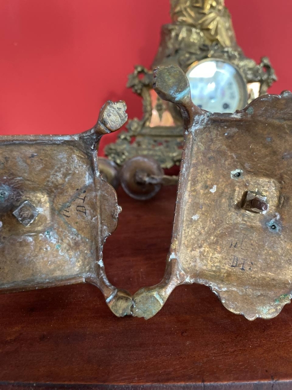 Pair of Antique Italian Bronze and Wood Candlesticks with Signed Base