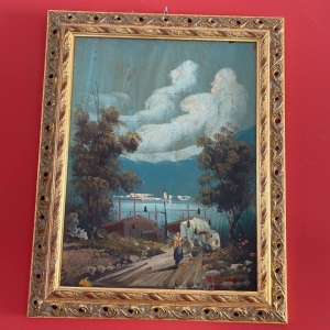 Neapolitan Landscape Oil Painting in Ornate Gilded Wood Frame