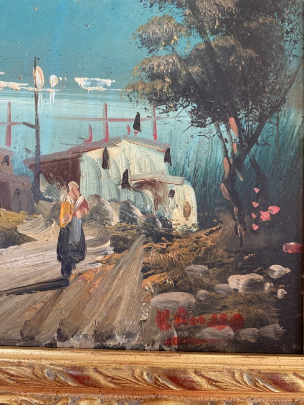 Neapolitan Landscape Oil Painting in Ornate Gilded Wood Frame