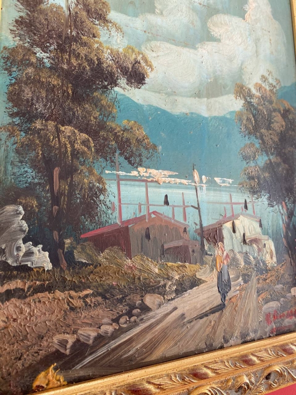 Neapolitan Landscape Oil Painting in Ornate Gilded Wood Frame
