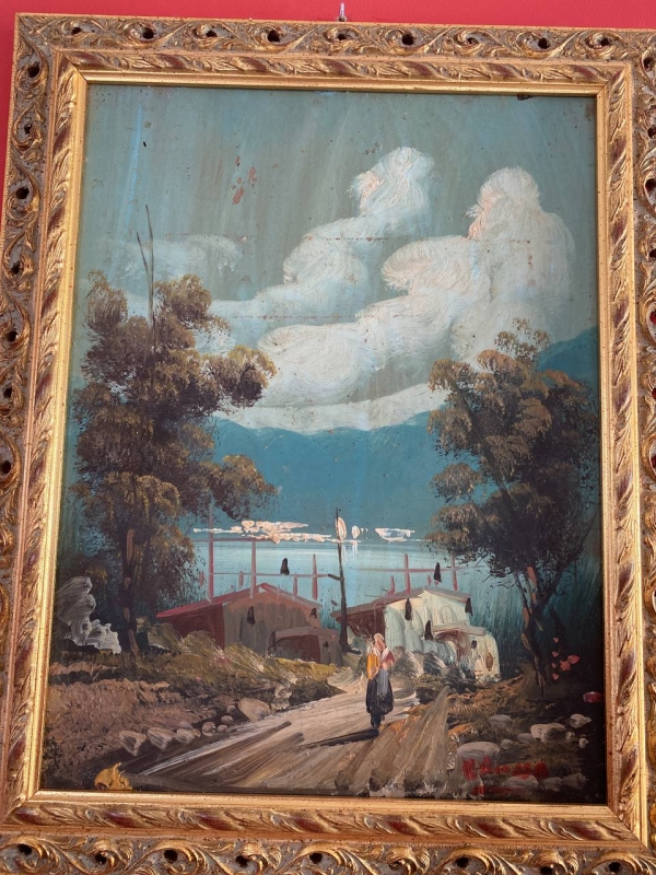 Neapolitan Landscape Oil Painting in Ornate Gilded Wood Frame