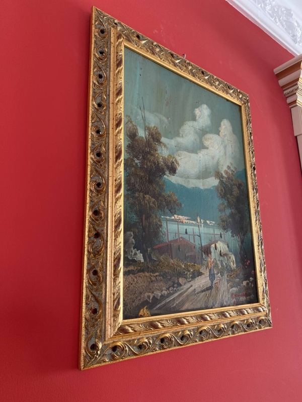 Neapolitan Landscape Oil Painting in Ornate Gilded Wood Frame