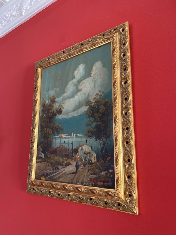 Neapolitan Landscape Oil Painting in Ornate Gilded Wood Frame