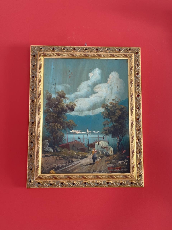 Neapolitan Landscape Oil Painting in Ornate Gilded Wood Frame