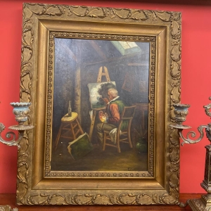 Antique 19th-Century European Oil Painting: "The Artist" by F. Derost