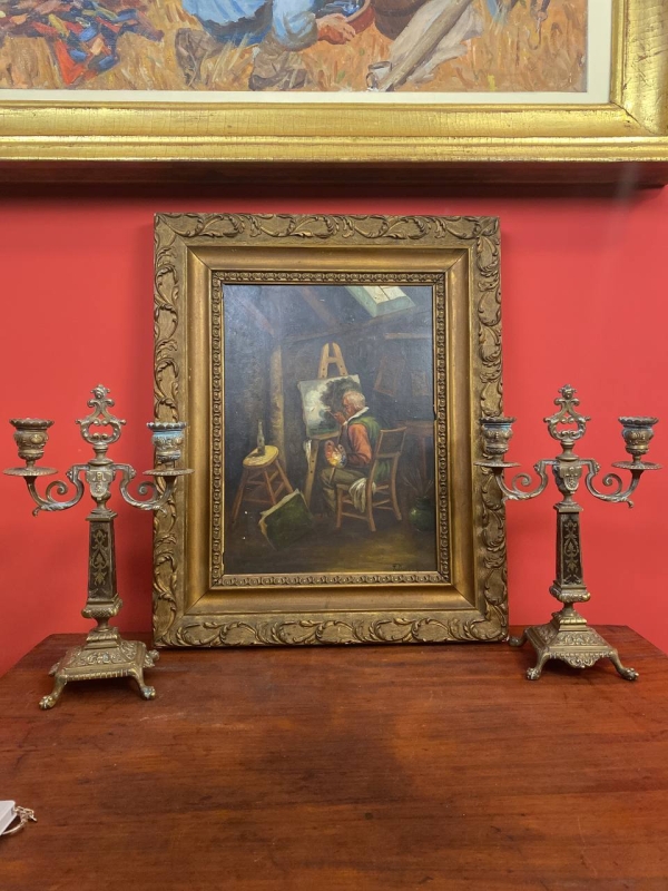 Antique 19th-Century European Oil Painting: "The Artist" by F. Derost