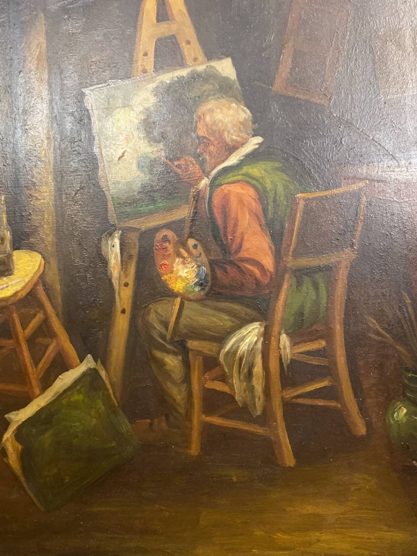 Antique 19th-Century European Oil Painting: "The Artist" by F. Derost