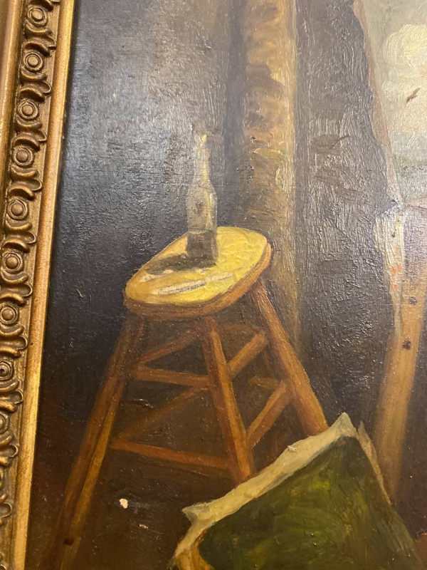 Antique 19th-Century European Oil Painting: "The Artist" by F. Derost
