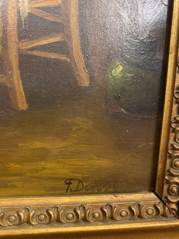 Antique 19th-Century European Oil Painting: "The Artist" by F. Derost