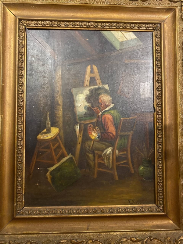 Antique 19th-Century European Oil Painting: "The Artist" by F. Derost