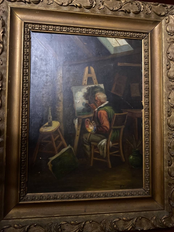 Antique 19th-Century European Oil Painting: "The Artist" by F. Derost