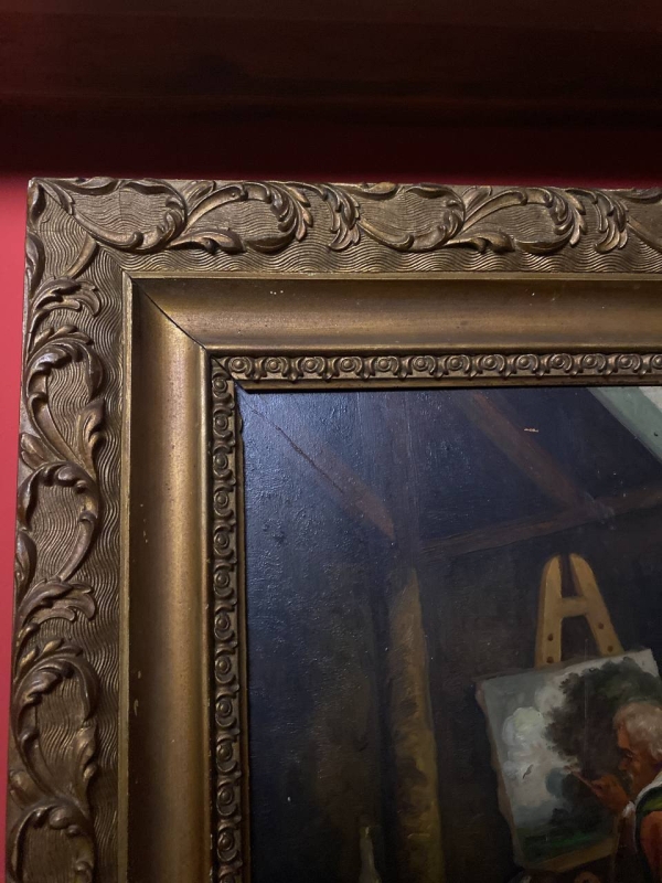 Antique 19th-Century European Oil Painting: "The Artist" by F. Derost