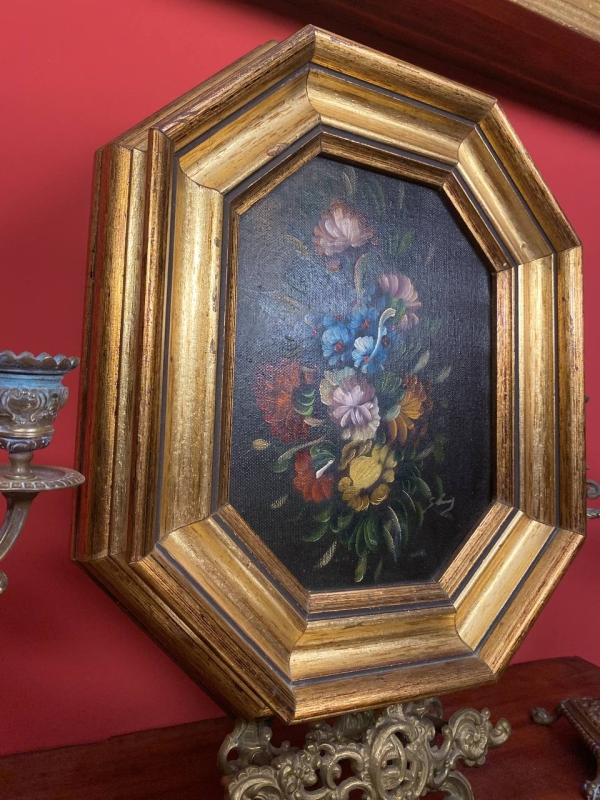 Italian "Flowers" Still Life Oil Painting in Ornate Gilded Frame