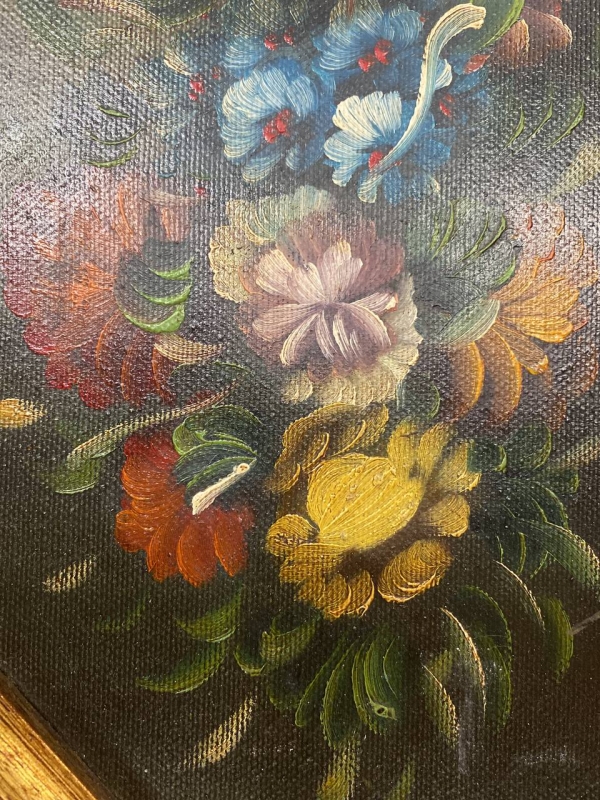 Italian "Flowers" Still Life Oil Painting in Ornate Gilded Frame