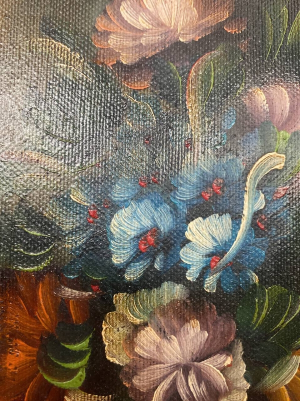 Italian "Flowers" Still Life Oil Painting in Ornate Gilded Frame