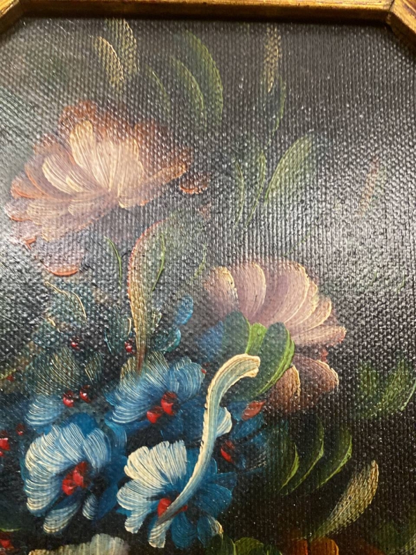Italian "Flowers" Still Life Oil Painting in Ornate Gilded Frame