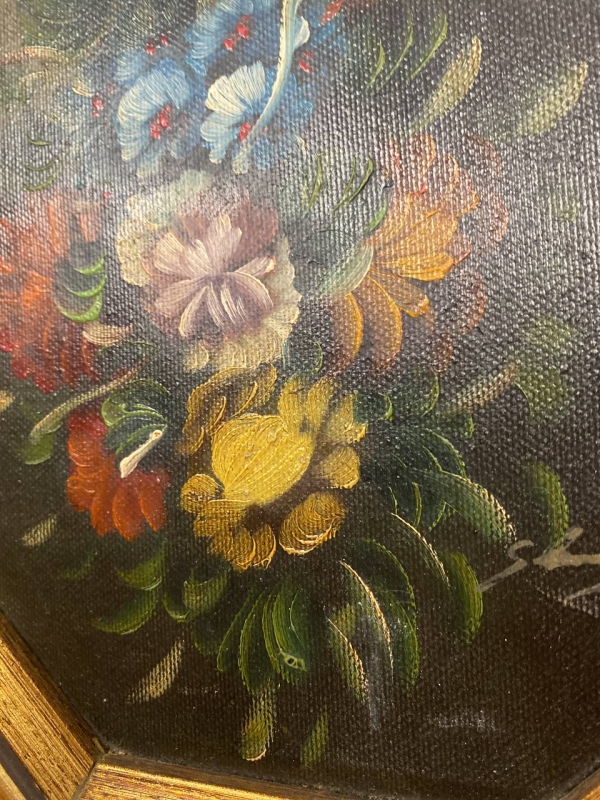 Italian "Flowers" Still Life Oil Painting in Ornate Gilded Frame