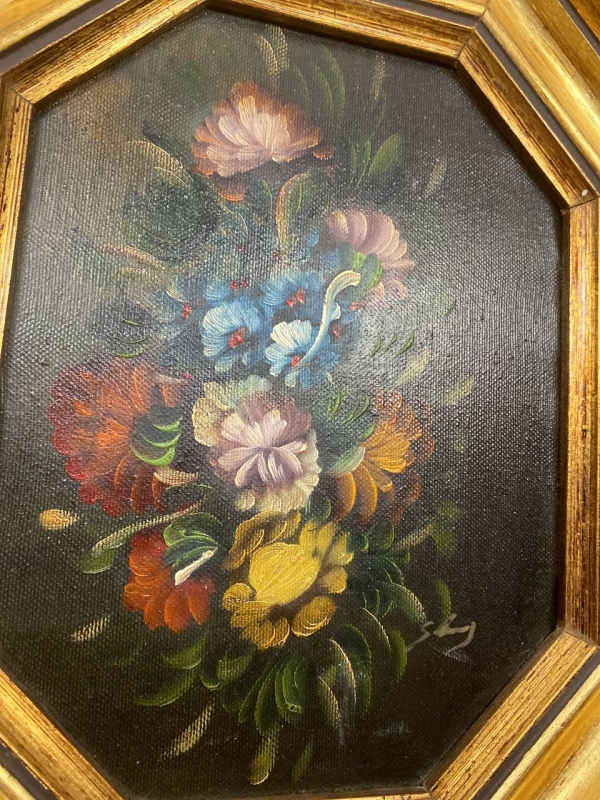 Italian "Flowers" Still Life Oil Painting in Ornate Gilded Frame