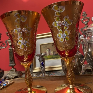Luxurious Murano Red Glass Goblets with 24K Gold Decoration
