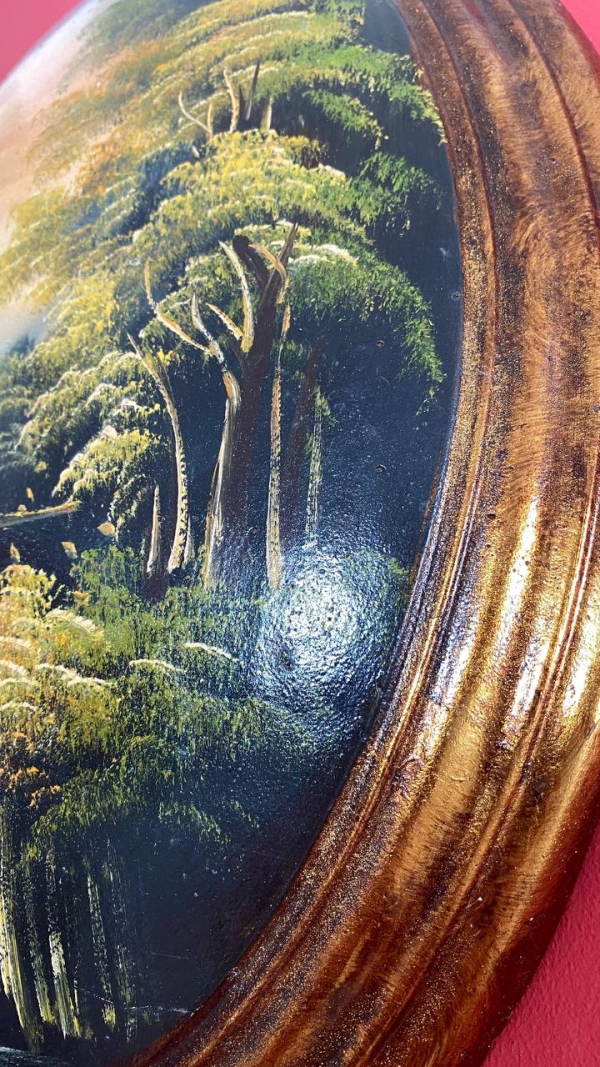 Vintage Italian Convex Landscape Painting on Wood