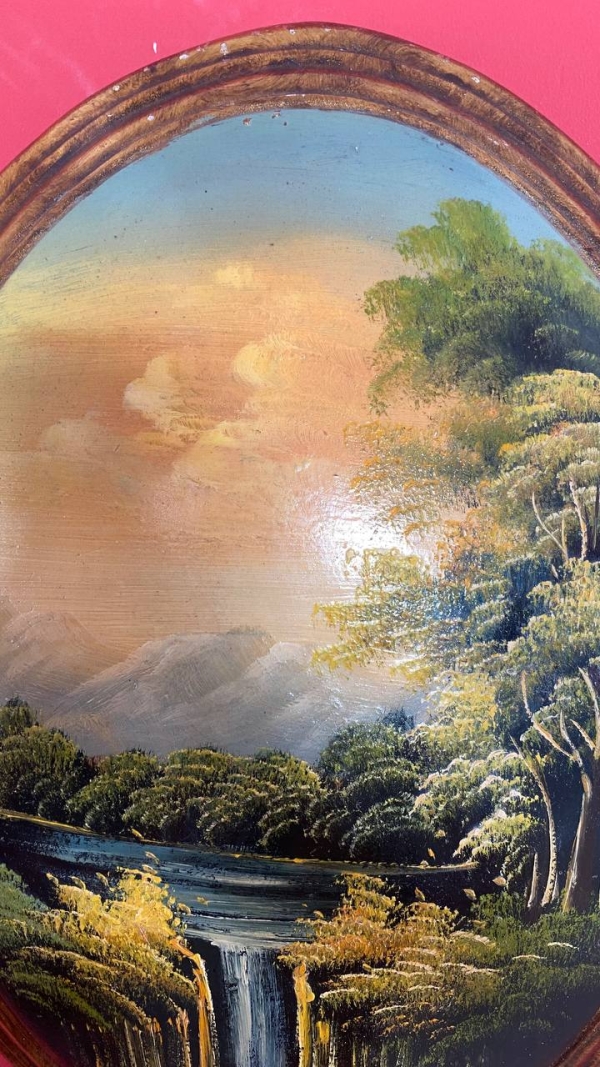 Vintage Italian Convex Landscape Painting on Wood