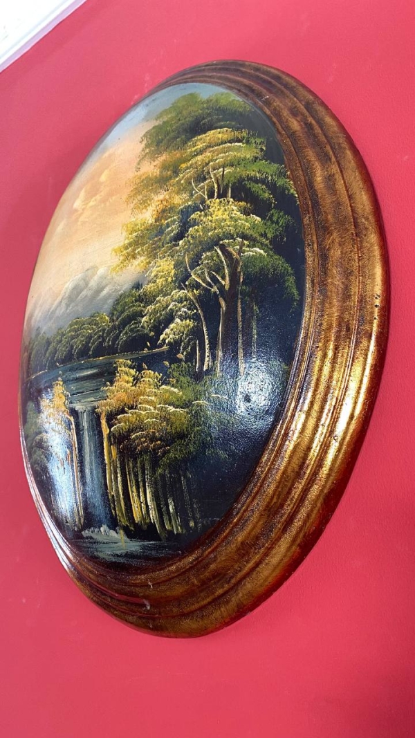 Vintage Italian Convex Landscape Painting on Wood