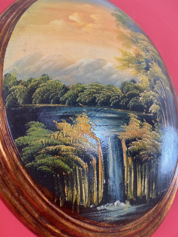 Vintage Italian Convex Landscape Painting on Wood