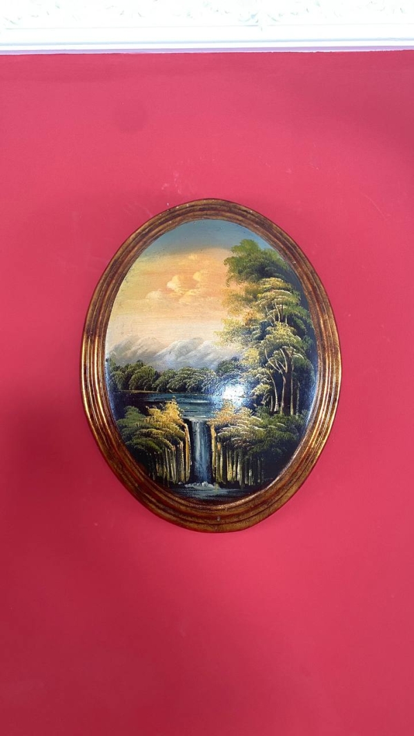Vintage Italian Convex Landscape Painting on Wood
