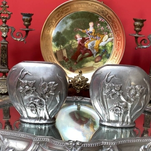 Pair of Pewter Vases with Narcissus Relief