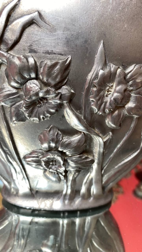 Pair of Pewter Vases with Narcissus Relief