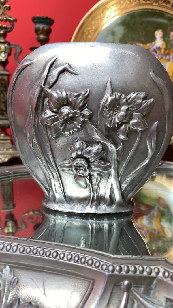 Pair of Pewter Vases with Narcissus Relief