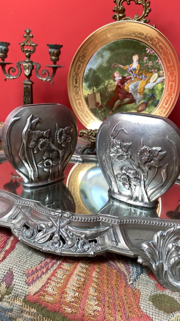 Pair of Pewter Vases with Narcissus Relief