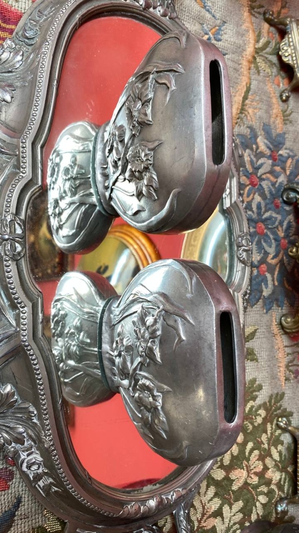 Pair of Pewter Vases with Narcissus Relief