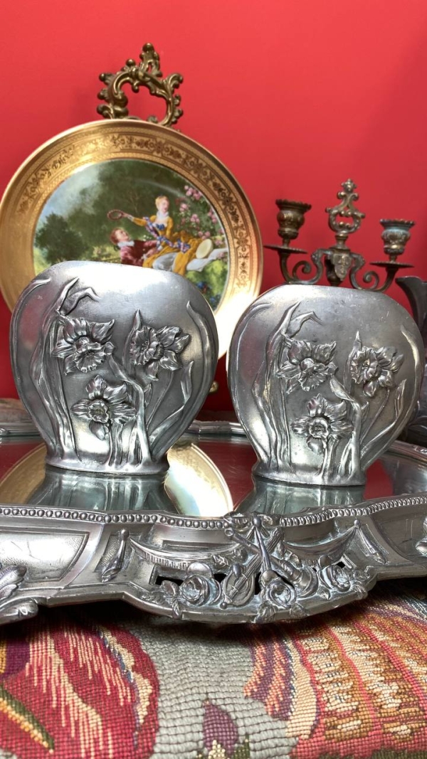 Pair of Pewter Vases with Narcissus Relief